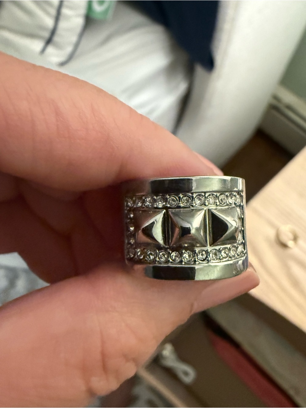 Wide Silver-Tone Studded Ring with Clear Rhinestones